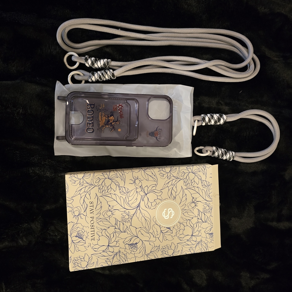 Clear Purple Phone Case with Gray Crossbody Strap